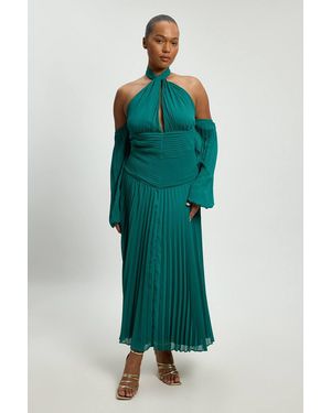 Karen Millen Plus Size Crinkle Cold Shoulder Georgette Woven Maxi Dress - Green