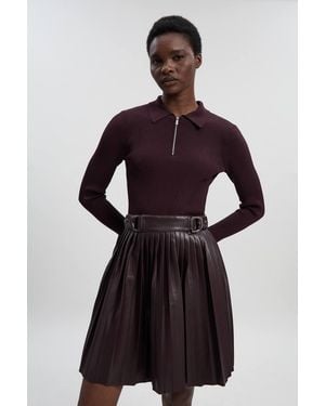 Karen Millen Knitted Zip Neck Pu Mix Pleated Mini Dress - Purple
