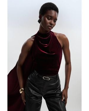 Karen Millen Stretch Velvet High Neck Cape Shoulder Bodysuit - Red