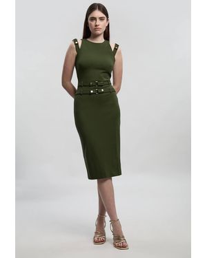 Karen Millen Ponte Trim Belt Detail Midi Pencil Dress - Green