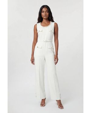 Karen Millen Compact Stretch Embellished Trim Tailored Wide Leg Jumpsuit - White