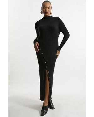 Karen Millen Plus Size Viscose Blend Popper Detail Split Knit Midi Dress - Black