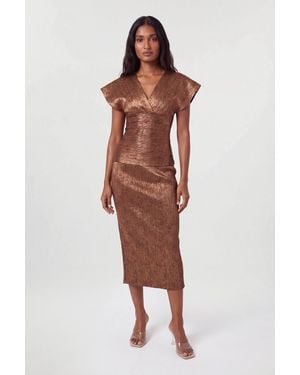 Karen Millen Wedding Guest Dresses Foil Metallic Figure Form Bandage Angel Sleeve Knit Maxi Dress - Red