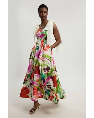 Karen Millen Petite Viscose Linen Floral Print Woven Prom Dress - White