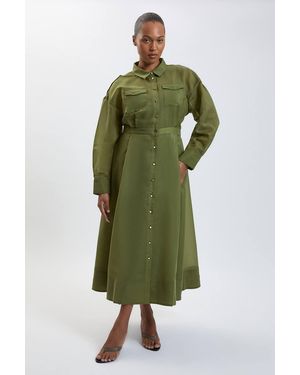 Karen Millen Plus Size Trim Detail Organdie Midi Shirt Dress - Green