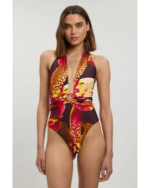 Karen Millen Orchid Print Plunge Swimsuit - Red