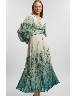 Karen Millen Ombre Crinkle V Neck Georgette Draped Woven Maxi Dress - Green