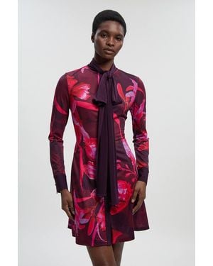 Karen Millen Floral Print Crepe Tie Neck Long Sleeve Mini Dress - Red