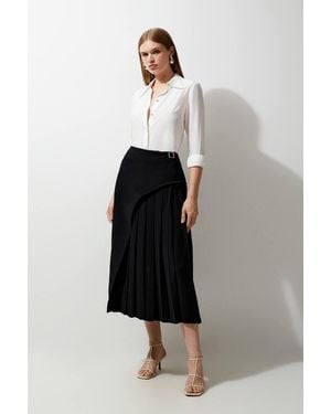 Karen Millen Petite Tailored Buckle Detail Pleated Midi Skirt - White