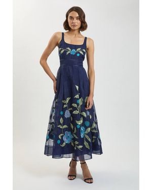 Karen Millen Petite Embroidered Detail Organdie Midi Dress - Blue
