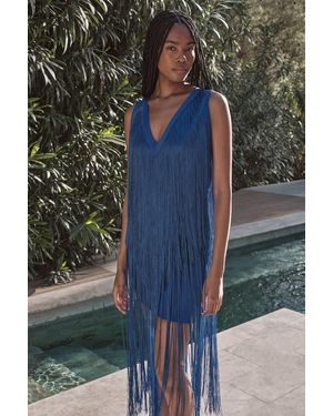 Karen Millen Fringe Bandage V Neck Knit Midi Dress - Grey