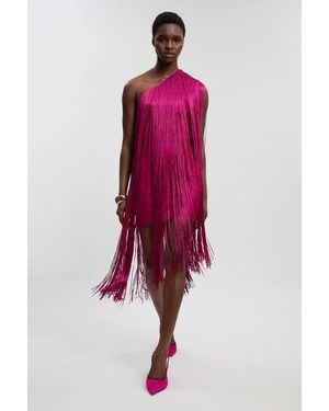 Karen Millen Figure Form Bandage One Shoulder Fringe Mini Knit Dress - Red