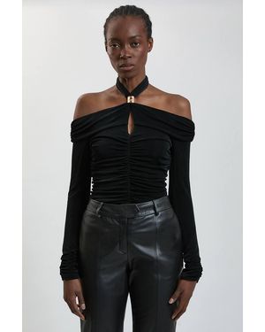 Karen Millen Drapey Crepe Off The Shoulder Ruched Metal Hardware Top - Black