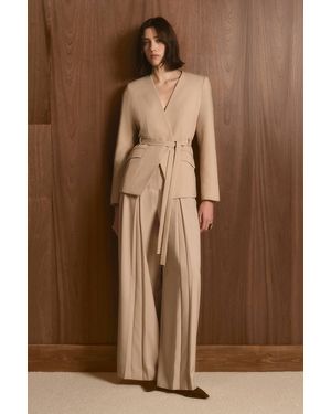 Karen Millen Polished Tailored Pleated Wide Leg Belted Trouser - Brown
