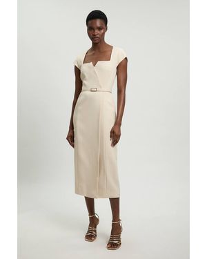 Karen Millen Viscose Blend Belted Square Neck Tailored Pencil Dress - Natural