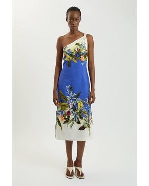 Karen Millen Placement Print Linen Viscose One Shoulder Midi Dress - Blue
