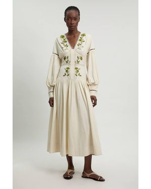 Karen Millen Rose Embroidered Cotton Twill Woven Long Sleeve Maxi Dress - Natural