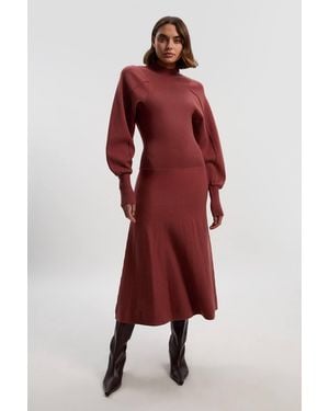 Karen Millen Wool Look Rounded Sleeve Knit Midi Dress - Red