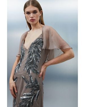 Karen Millen Petite Feather Embellished Woven Cape Sleeve Maxi Dress - Grey