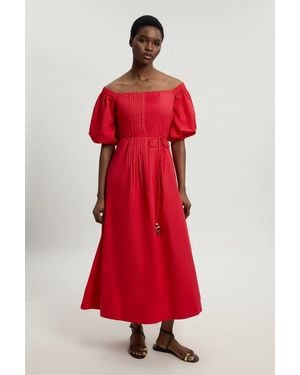 Karen Millen Bead Detail Cotton Poplin Bardot Midi Dress - Red