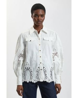 Karen Millen Petite Cotton Cutwork Balloon Sleeve Woven Shirt - White