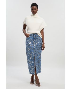 Karen Millen Sequin Denim Pencil Skirt - Blue