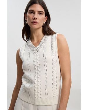 Karen Millen Embellished Hotfix V Neck Knit Tank Top - White