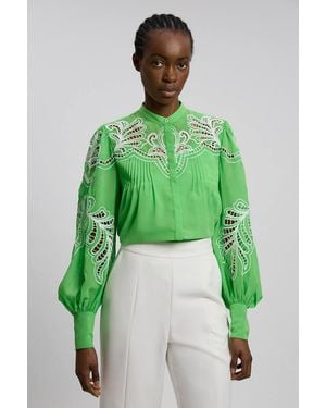Karen Millen Cutwork Beaded Embroidered Woven Blouse - Green