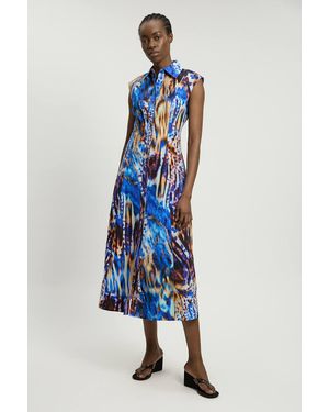 Karen Millen Cotton Top Stitch Woven Midaxi Shirt Dress - Blue