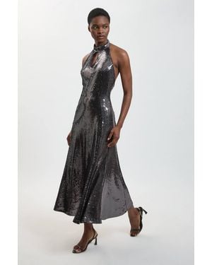 Karen Millen Sequin Keyhole Fit Flare Midi Dress - White