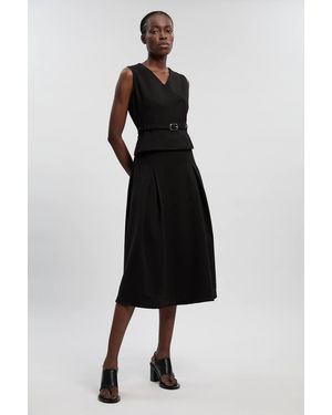 Karen Millen Compact Essential Belted Tailored Full Midi Dress - Black