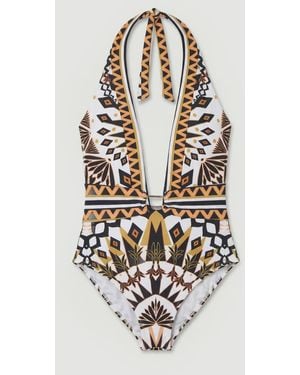 Karen Millen Tile Print Plunge Swimsuit - White