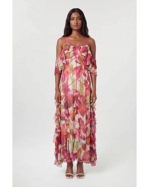 Karen Millen Petite Crinkle Print Beaded Cold Shoulder Maxi Dress - Red
