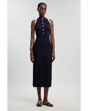 Karen Millen Petite Rib Knit Military Colour Block Sleeveless Midi Dress - Blue