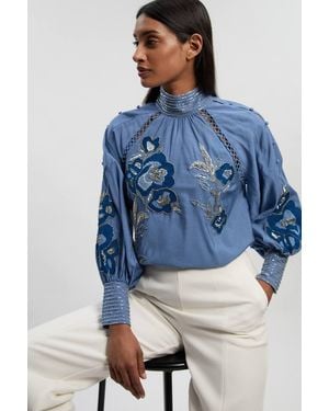 Karen Millen Balloon Sleeve Embroidered And Beaded Woven Blouse - Blue