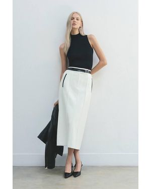 Karen Millen Forever Compact Stretch & Pu Turn Lock Detail Tailored Midi Pencil Skirt - White