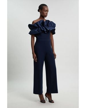 Karen Millen Tafetta Ruffle Bardot Jumpsuit - Blue