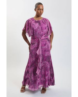Karen Millen Plus Size Spot Print Viscose Georgette Cape Sleeve Ruffle Woven Maxi Dress - Purple