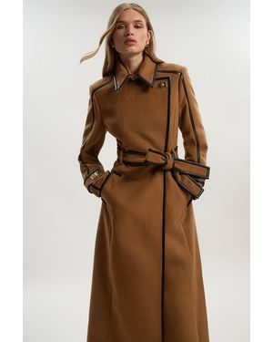 Karen Millen Brushed Wool Pu Trim Belted Tailored Double Breasted Midi Coat - Brown