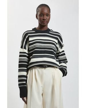 Karen Millen Cotton Stripe Military Button Knitted Jumper - Grey