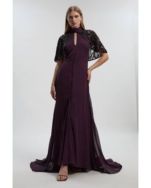 Karen Millen Crystal Embellished Cutwork Cape Detail Woven Maxi Dress - Purple