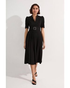 Karen Millen Petite Tailored Structured Crepe Forever Pleat Belted Midi Dress - Black