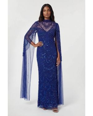 Karen Millen Petite Premium Beaded Embellished Woven Midaxi Cape Dress - Blue