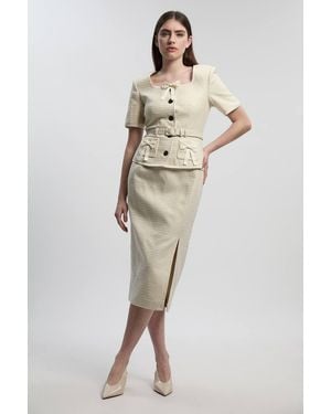 Karen Millen Tailored Tweed Bow Detail Midi Pencil Dress - Natural