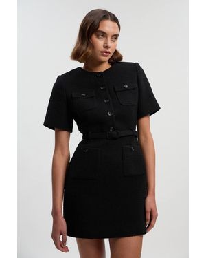 Karen Millen Textured Tweed Belted Tailored Mini Dress - Black