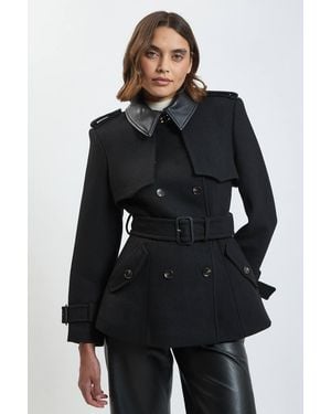 Karen Millen Wool & Faux Leather Detail Short Pea Coat - Black