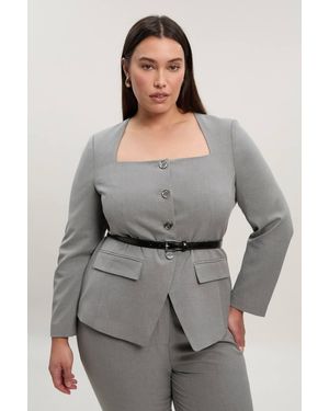 Karen Millen Plus Size Tailored Marl Belted Square Neck Blazer - Grey