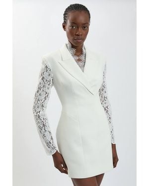 Karen Millen Compact Stretch Lace Sleeve Blazer Mini Dress - White
