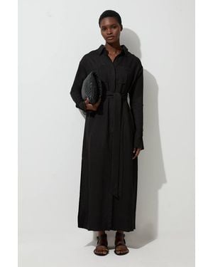 Karen Millen Viscose Linen Woven Belted Shirt Dress - Black