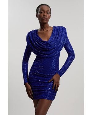 Karen Millen Premium Crystal Embellished Jersey Cowl Neck Mini Dress - Blue